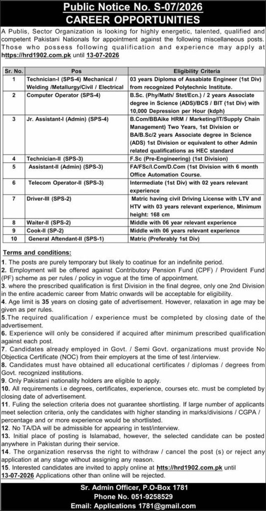 PO Box 1781 Islamabad Jobs 2026 official advertisement, Public Notice S-072026